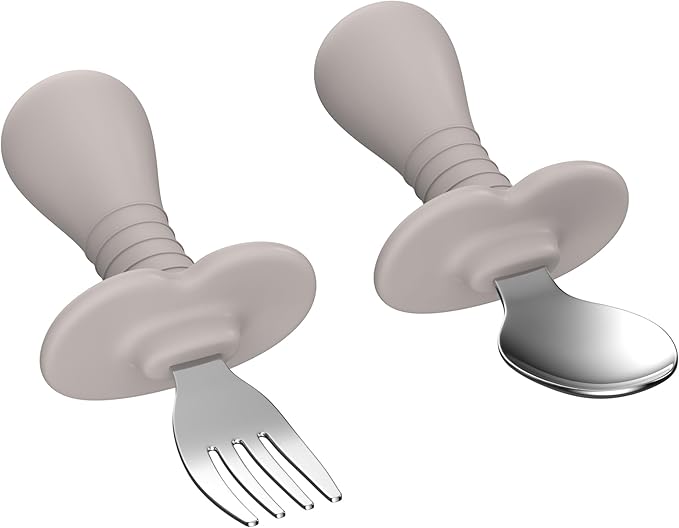 2 Pieces Toddler Utensils Forks and spoons set, Stainless Steel Childrens Silverware for Safe flatware Metal Kids Cutlery set with Round Handle, BPA Free, Anti-Choke Design (Grey)
