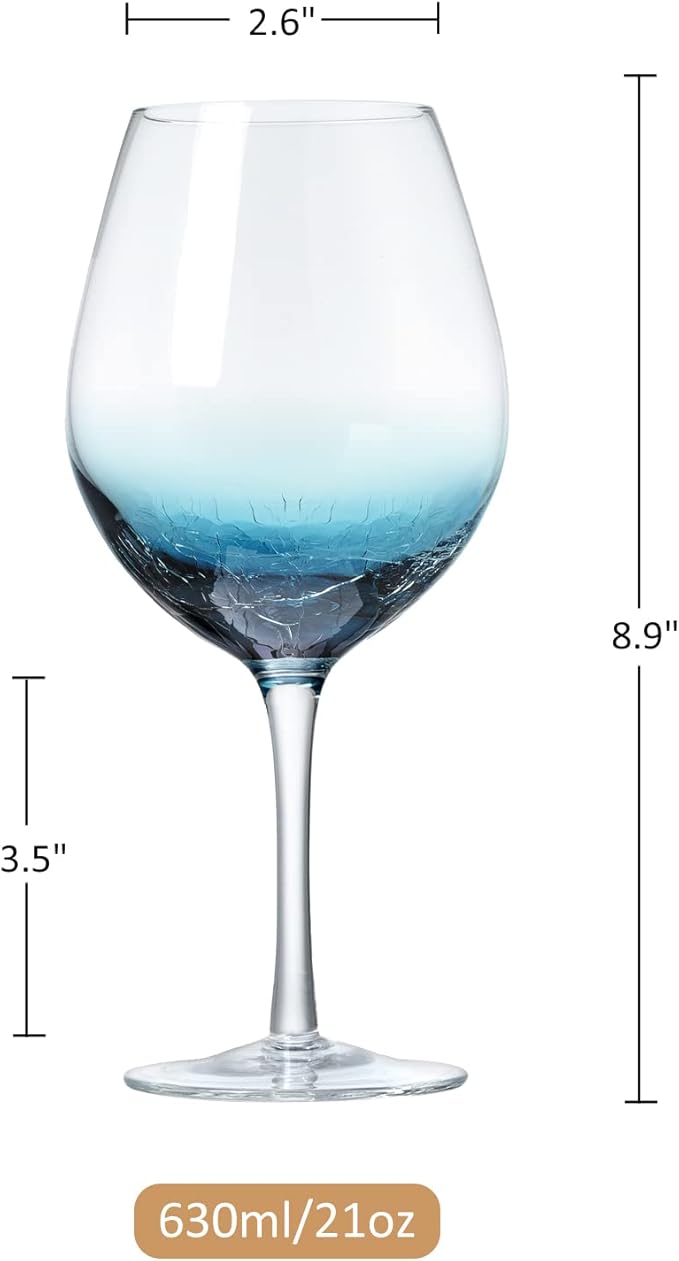 Joeyan Handmade Blue Crackle Wine Glasses,Large Crystal Burgundy Wine Glass Cup with Stem,Red White Wine Goblet Tumbler,Aesthetics Glassware Collection,Set of 2,21 oz