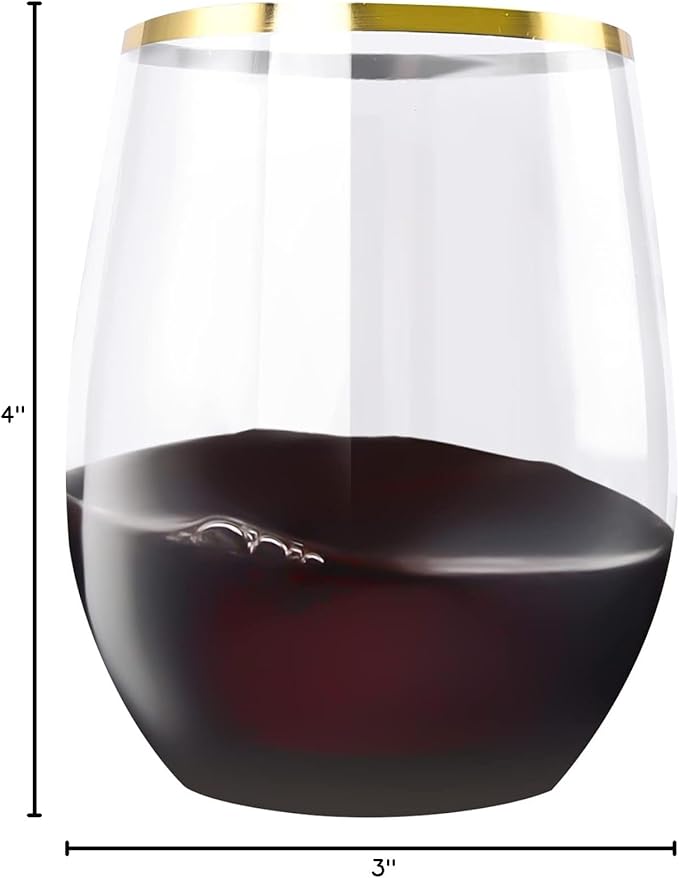 SUT 24 Pack 12oz Gold Plastic Wine Glasses Stemless, Gold Disposable Wine Cups, Premium Quality, Recyclable, Unbreakable, Crystal and BPA-Free for Party