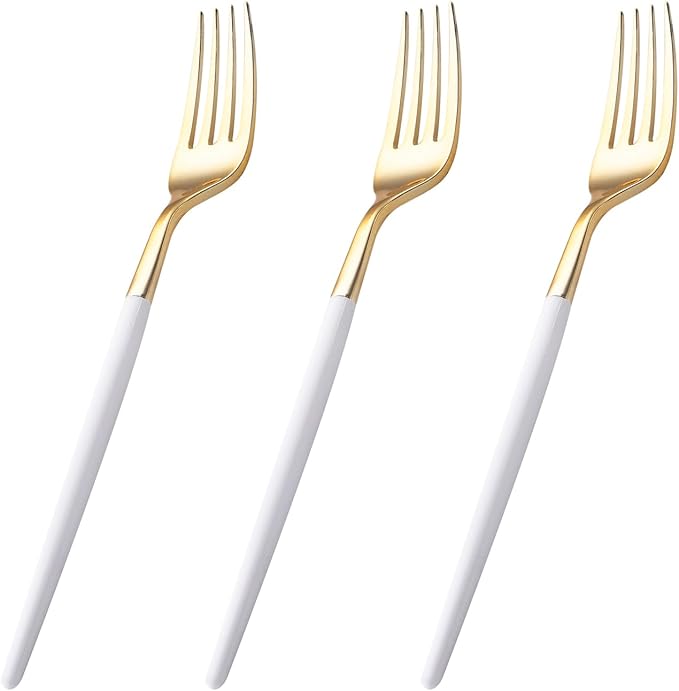 I00000 144 Plastic Forks, Disposable Flatware with White Handle, Look Like Gold Cutlery for Party Wedding