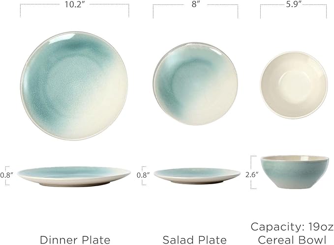 Famiware Glacier Dinnerware Sets, Plates and Bowls Dish Sets for 6 (18 Pieces), Stoneware Tableware - Dishwasher and Microwave Safe, Handcrafted Reactive Glaze, Aqua