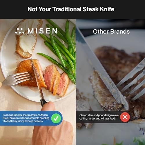 Misen Steak Knives Set of 4 - Precision Serrated Blades for Effortless Dining - German Stainless Steel - Superior Cuts with Four Steak Knives - Comfortable, Sleek Handles - Blue