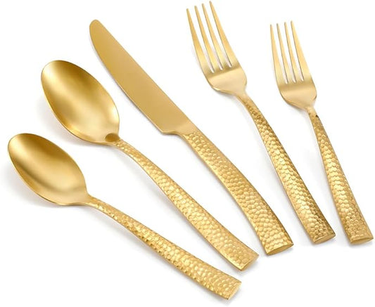 Gold Silverware Set Flatware Set Matte Finished Stainless Steel Hammered Heavy Cutlery Set 20 Pieces Service for 4