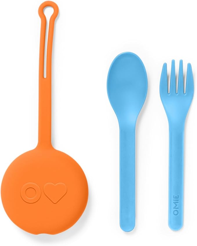 Omie OmieBox Kids Utensils Set with Case - 2 Piece Plastic, Reusable Fork and Spoon Silverware with Pod for Kids (Sunrise)