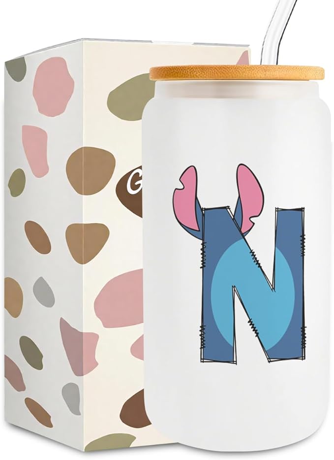 Cute Cartoon Lover Gifts Initial A-Z Personalized Iced Coffee Cup Cartoon Merch 16oz Glass Cup with Lid and Straws Birthday Christmas Gifts for Women Teen Girls Fans (Letter N)