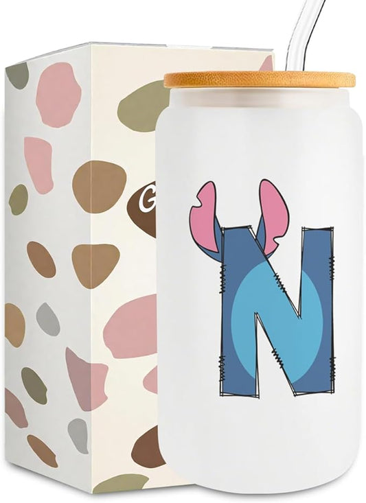 Cute Cartoon Lover Gifts Initial A-Z Personalized Iced Coffee Cup Cartoon Merch 16oz Glass Cup with Lid and Straws Birthday Christmas Gifts for Women Teen Girls Fans (Letter N)