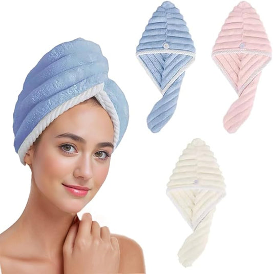 Microfiber Hair Towel Wrap, 3Pack Thickened Drying Hair Wraps Towels with Button. Super Absorbent Drying Hair Towel Wrap for Curly Hair, Anti Frizz Towel for Women. (Blue+Off White+Pink)