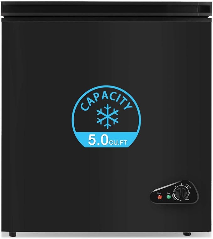 Chest Freezer 5.0 cu ft, Mini Deep Freezer with Removable Basket, FreeStanding Compact Small Freezer, Adjustable 6 Thermostat, Quiet Small Deep Freezer Top Open Door for Dorm/Home(Black)