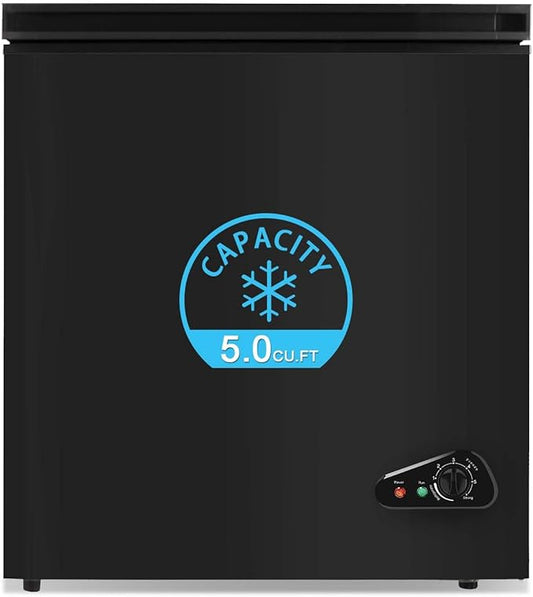 Chest Freezer 5.0 cu ft, Mini Deep Freezer with Removable Basket, FreeStanding Compact Small Freezer, Adjustable 6 Thermostat, Quiet Small Deep Freezer Top Open Door for Dorm/Home(Black)