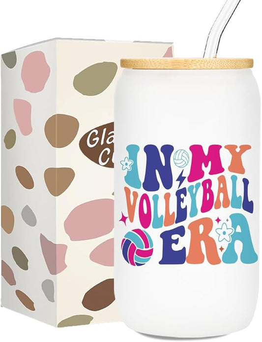 Volleyball Gifts for Teen Girls, Iced Coffee Cup, Volleyball Party Favors, 16 oz Glass Cups with Lids Straws, Volleyball Stuff, Christmas Gifts for Women Mom Coach Players Teams Volleyball Accessories