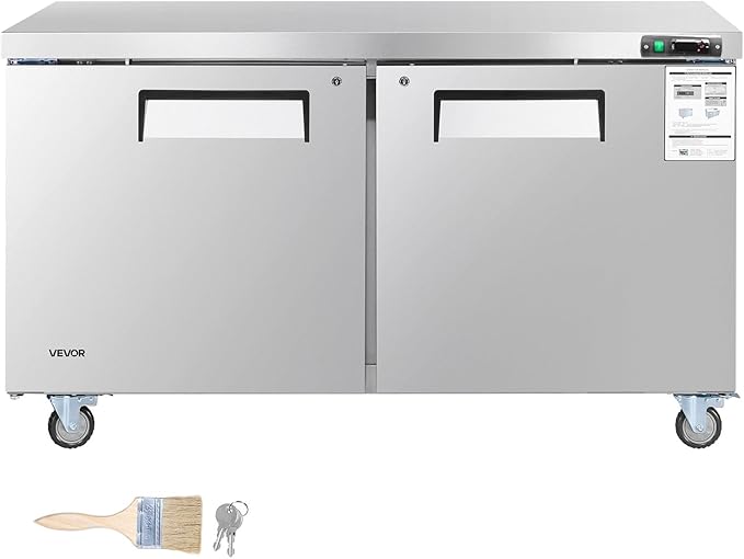 VEVOR 60" W Commercial Freezer, 14.8 Cu.Ft Worktop Freezers Undercounter with LED Auto Lighting and Lockable Door, 2 Doors Food Freezing Prep Worktable, Stainless Steel Prep Frozen Table with Casters