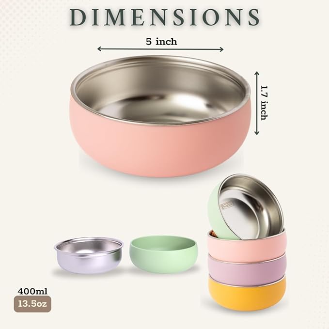 Monkey Proof™ Non-Toxic Stainless Steel Child Bowl 5” with Non-Slip Silicone Shell, (Set of 4 bowls) Unbreakable, Mess Free Feeding for Babies, Toddlers, Kids, BPA free (Rose)