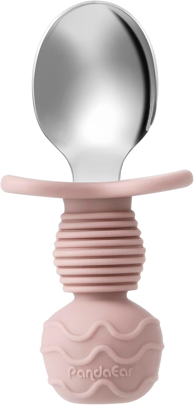 PandaEar 6 Pack Stainless Steel Toddler Spoons and Fork Feeding Set - Anti-Choke First Self Feeding Utensils for Kids Baby Girls Led Weaning Ages 18 Months+ (Pink/Beige)