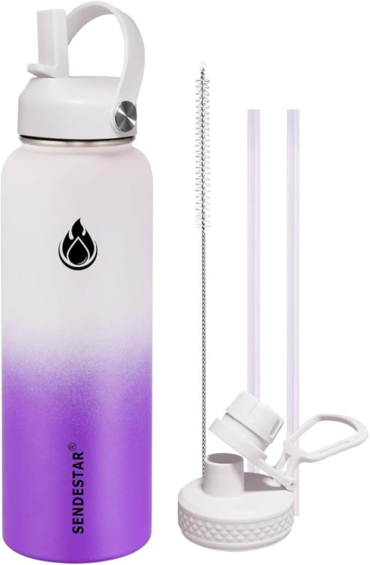 SENDESTAR Water Bottle 32oz Double Wall Vacuum Insulated Leak Proof Stainless Steel Sports Water Bottle—Wide Mouth with New Flex Straw Lid & Spout Lid (White&Voilet)
