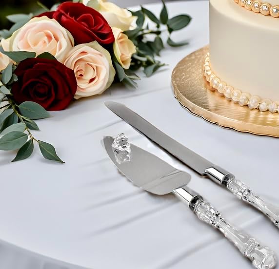 Adorox Elegant Cake Knife and Server Set Stainless Steel with Crystal Handle - Perfect for Weddings Anniversaries,and Special Celebrations (Sliver)