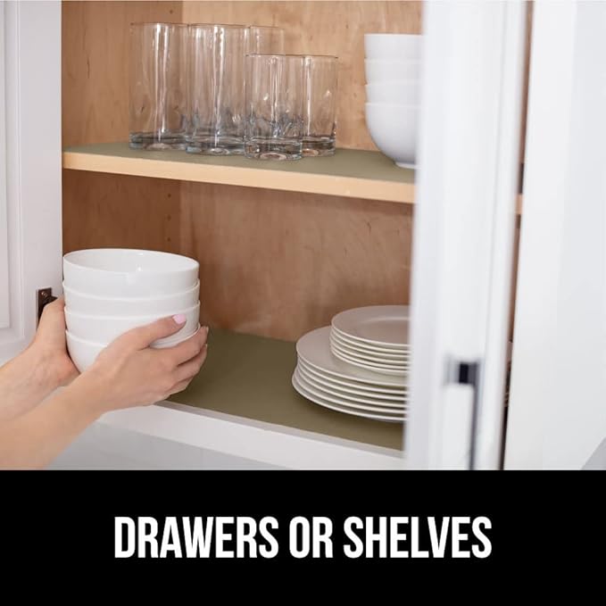 GORILLA GRIP DripGuard Shelf Liner, Non Adhesive Drawer and Kitchen Cabinet Protector, Slip Resistant BPA Free Smooth Surface Plastic Liners for Cabinets, Bathrooms, Closets, 12x120 Inch, Beige