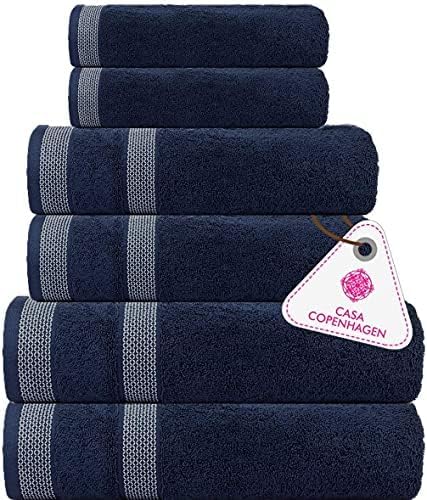 CASA COPENHAGEN Solitaire 6 Pieces Towel Set- Navy Blue, 600 GSM 2 Bath Towel 2 Hand Towel 2 Washcloth, Designed in Denmark Made of Soft Egyptian Cotton for Bathroom, Kitchen & Shower