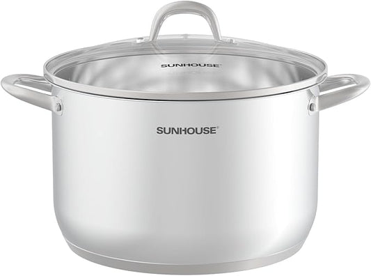 SUNHOUSE 13-Quart Stainless Steel Stockpot w/Tempered Glass Lid - Heavy-Duty, Food-Grade Cookware for Simmering, Boiling, and Induction Cooking - Exceptional Heat Distribution
