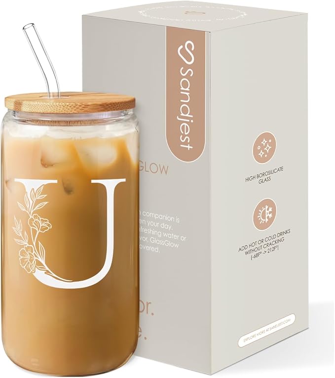SANDJEST Monogrammed Gifts for Women - Monogram U Initial Glass Cup 16 Oz Can Coffee Cups with Lid and Straw - Monogram Initials Gifts for Womens on Birthday