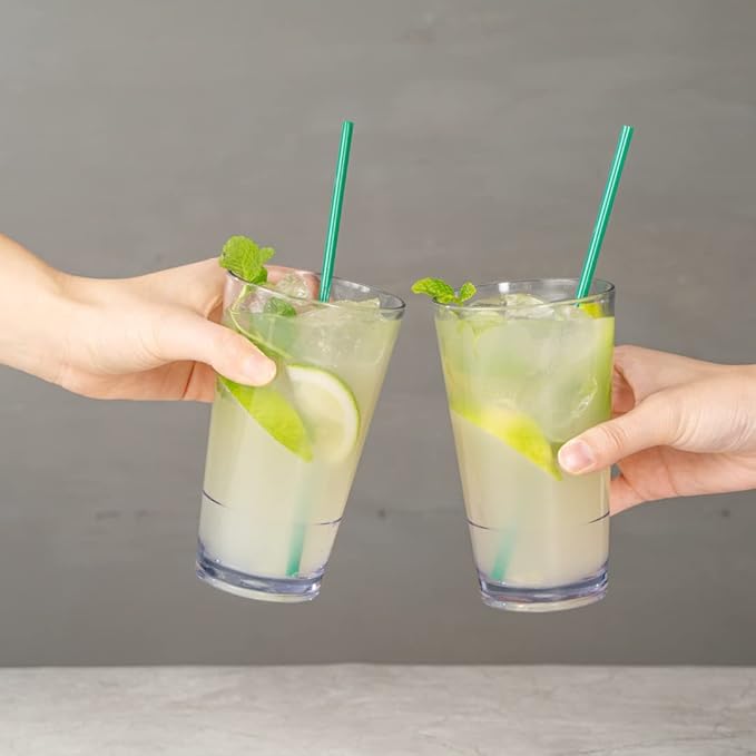 Bev Tek 14 Ounce Plastic Drinking Glasses, 12 Reusable Plastic Cocktail Cups - Shatterproof, Clear Plastic Highball Glasses, Dishwashable, Stackable - Restaurantware