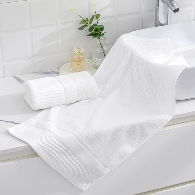 sense gnosis White Hand Towel Set of 2 Ribbed Striped Pattern Soft Thick 100% Cotton Quick Dry Absorbent Decorative Hand Towels for Bathroom 13 x 29 Inch