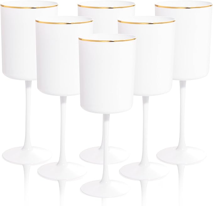 Ciaell 12 Pack White Plastic Wine Glasses with Stem - 10 Oz White and Gold Disposable Wine Glasses for Parties & Christmas & Weddings & Poolside & Toasting & Outdoors & New Year