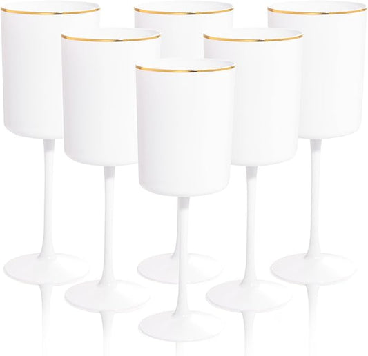 Ciaell 12 Pack White Plastic Wine Glasses with Stem - 10 Oz White and Gold Disposable Wine Glasses for Parties & Christmas & Weddings & Poolside & Toasting & Outdoors & New Year
