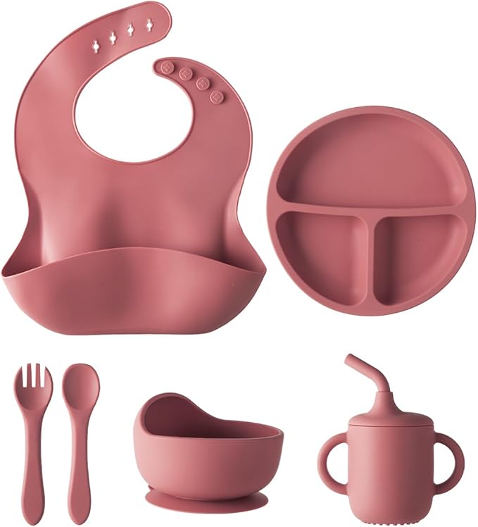 6-Piece Baby Feeding Set, Silicone Baby Mealtime Kit for Food-Grade Strong Suction Baby Plate+Baby Cup+ Bib+Fork+Spoon+Bowl, Toddler Eating Essentials Washable Parenting Gift Idea (Burgundy)