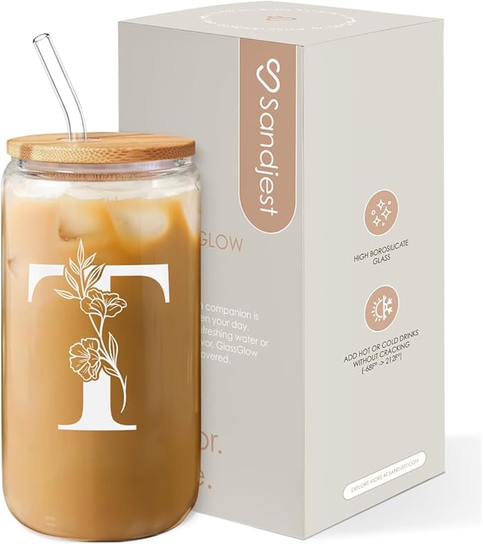SANDJEST Monogrammed Gifts for Women - Monogram T Initial Glass Cup 16 Oz Can Coffee Cups with Lid and Straw - Monogram Initials Gifts for Womens on Birthday