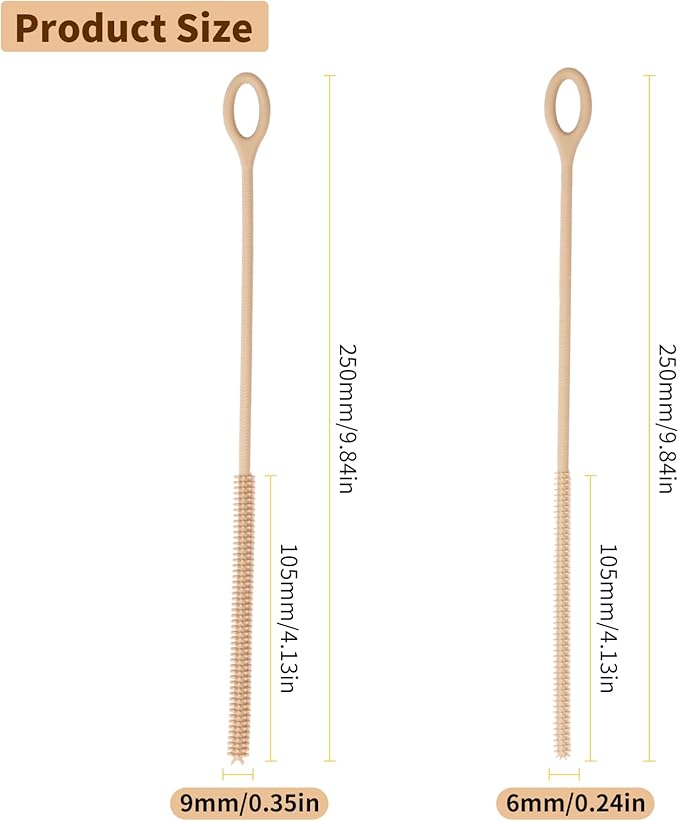 Silicone Straw Cleaner Brush, 2Pcs Reusable Straw Brush Extra Long for Cleaning Tumbler with Handle and Glass Metal Smoothie Straws, Non-slip Handle Soft and Bendable, 6mm+9mm (Khaki)
