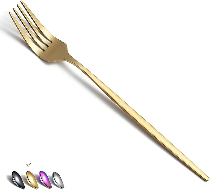 Matt Gold 6 Piece Dinner Fork Set, 8.4'' Stainless Steel Silverware, Dishwasher Safe