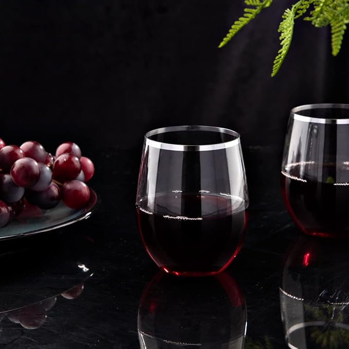 SUT 24 Disposable Stemless Wine Glasses, 12OZ Plastic Party Wine Cups, Silver Unbreakable wine Glasses, Shatterproof Reusable and BPA-Free, Clear Drinking Perfect for Outdoor Party, Wedding