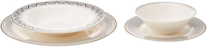 Karaca Globe 24-Piece Dinnerware Set for 6 People - Kitchen Dish Set for Salad, Soup, Pasta, Noodle & More - Modern Chic Porcelain Dishware Plate Set (White with Black Triangle Design)