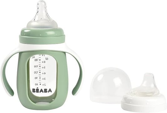BEABA 2-in-1 Glass Baby Bottle to Glass Transition Sippy Cup, Spill Proof Sippy Cup, Toddler Baby Bottle with Soft Silicone Nipple and Spout, 7 oz (Sage)