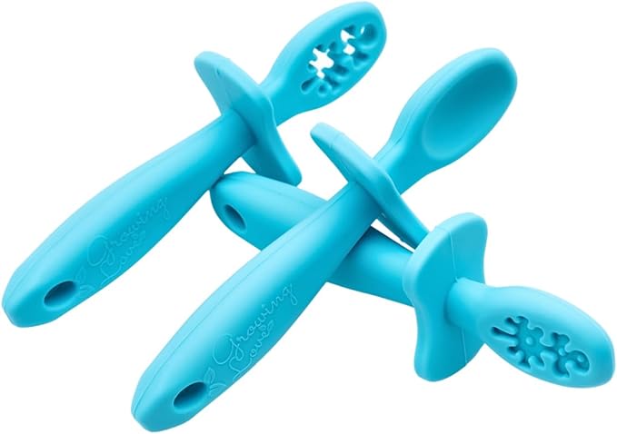 Growing Love Baby Spoons Set, Self Feeding 6 months, Pre-Spoon, Toddler spoon, Baby utensils, training spoon, cuchara bebe, blw, 100% silicone, Anti choke shield