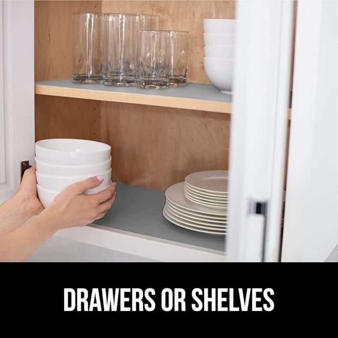 GORILLA GRIP Slip Resistant Drawer and Shelf Liner 2 Pack, Non Adhesive Water Resistant, Easy Clean and Trim, Smooth Surface Liners for Kitchen Cabinet Shelves Drawers Pantry 12 IN x 20 FT, Light Gray
