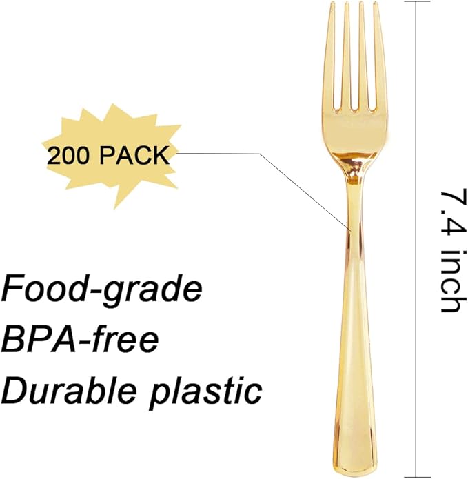 Liacere 200pcs Gold Plastic Forks - Heavyweight - 7.4 Inch Heavy Duty Forks - Gold Plastic Silverware Perfect For Parties & Weddings & Restaurants & New Year And Daily Using&Christmas&New Year