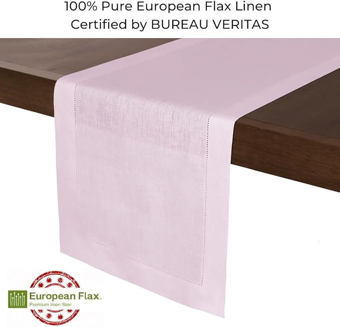 D'Moksha Homes Linen Pastel Pink Table Runner 120 Inches Long - 100% Pure Linen Hemstitch 14 x 120 Inch Table Runner for Dining, Winter, Holiday, New Year - Classic Hemstitch