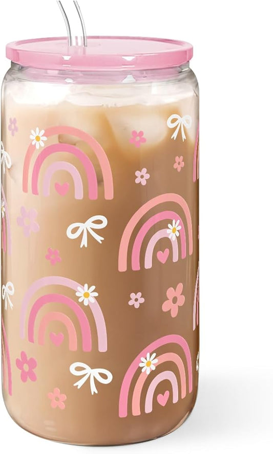 Rainbow 16oz Can Glass Tumbler with Acrylic Lid & Straw, Iced Coffee Cup for Women Girls, Aesthetic Cups Gifts for Birthday Christmas