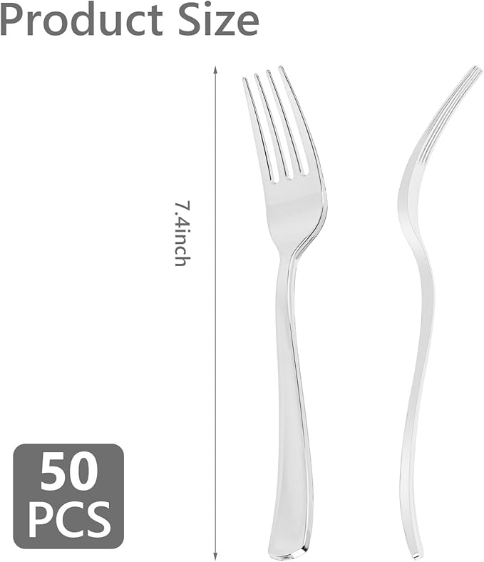 N9R 50PCS Silver Plastic Forks, Solid, Durable and Heavy Duty Disposable Silverware Forks, Perfect Plastic Utensils for Party, Wedding and Daily Use