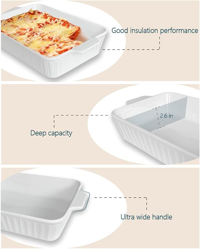 Qlans Casserole Dish, 9x13 Ceramic Baking Dish, Large Lasagna Pan Deep for Oven, 4.2 Quarts Baking Pan with Handles, For baking cake in the kitchen,Mother's Day Gifts, White