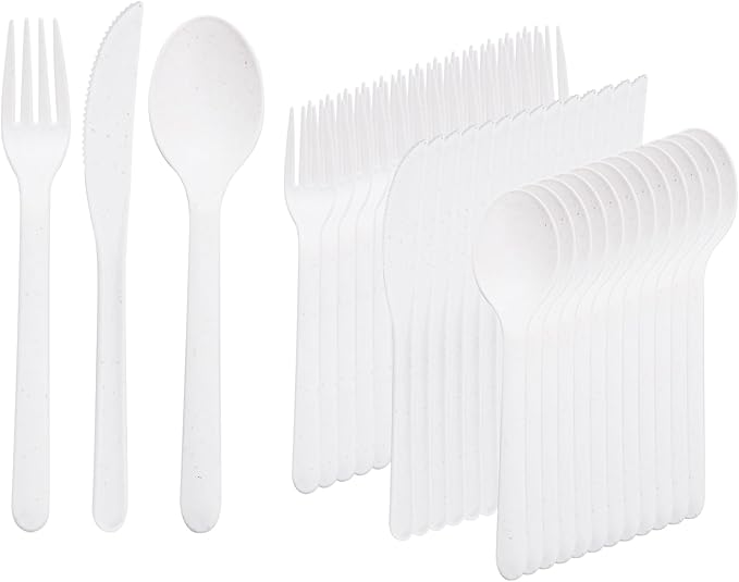 Supernal 180pcs Plastic Silverware Heavy Duty Matt White Silverware Reusable Plastic Cutlery Wheat Straw Reusable Spoon Knife Forks Set Tableware Dishwasher Microwave Safe