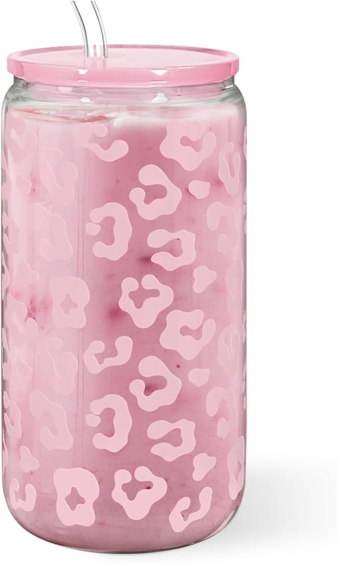SANDJEST Leopard Glass Bottle, Pink Leopard Print Glass Cup with Lid & Straw, Iced Coffee Aesthetic Glass Can, Gifts for Women, Christmas Birthday Mother's Day