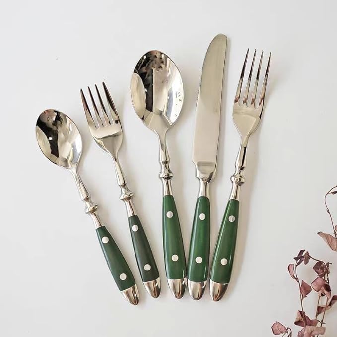 Silverware Set For 8 with Two Rivets, Vintage 40-Piece Everyday Flatware Set with Green Bakelite Handle, Stainless Steel Cutlery Set, Dishwasher Safe, Knives Spoons and Forks Set