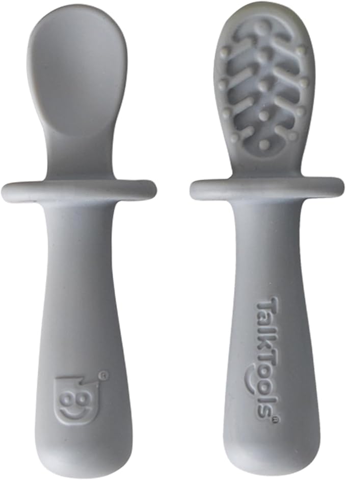 TalkTools ITSY Tiny Silicone Spoons – Twin Pack Soft Silicone Self-Feeding Training Spoons for Kids & Toddlers, Anti-Choking Flange Guard and Non-Slip Handle (Cloud)