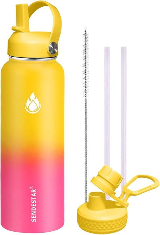 SENDESTAR Stainless Steel Water Bottle, Wide Mouth Water Bottle 40 oz with Straw Lid, Spout Lid, Double Wall Vacuum Insulated Leak Proof, Keeps Liquids Hot or Cold (Yellow&Pink)