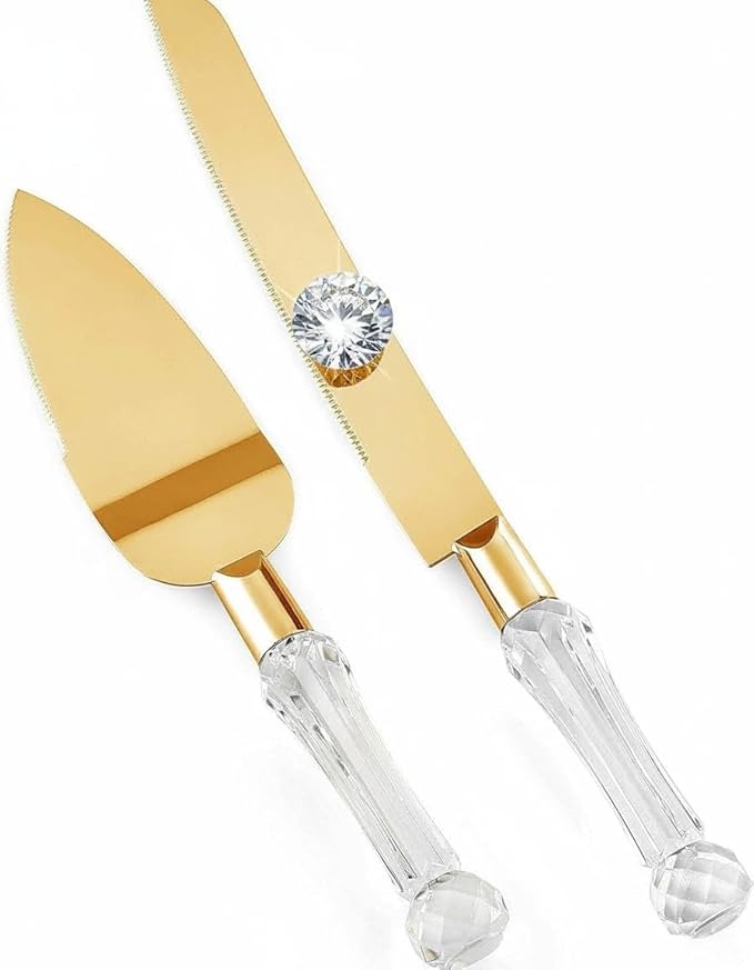 wedding knife and server set gold, Gold Cake Cutter and Pie Spatula, Cake Server and Knife Set of 2 with Crystal Handles, 1.2mm Thick Blades,Cake Cutting Set for Wedding Cake, Birthdays, and Parties