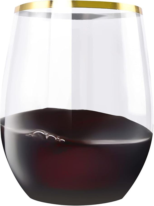 SUT 24 Pack 12oz Gold Plastic Wine Glasses Stemless, Gold Disposable Wine Cups, Premium Quality, Recyclable, Unbreakable, Crystal and BPA-Free for Party