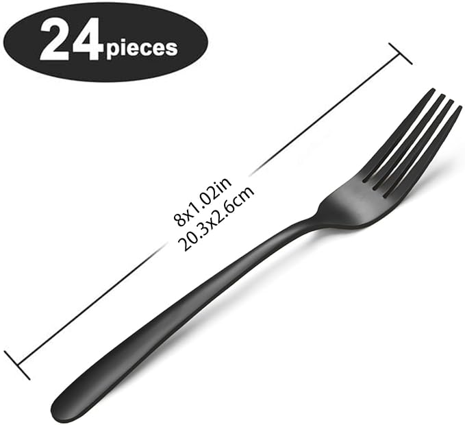 24 Pieces Dinner Forks Set (8 inch), Unokit Stainless Steel Dinner Forks Set of 24, Flatware Forks for Home, Kitchen or Restaurant - Mirror Polished, Dishwasher Safe - Black