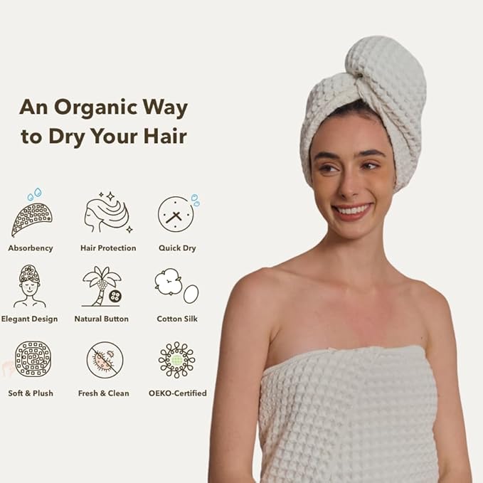 100% Organic Cotton Hair Drying Waffle Towel Wrap for Women | Absorbent & Quick Dry Head Turban for Wet Hair in Shower Sauna Spa, Extra Large for Long Straight Curly Plopping Button (White, 2 PACK)